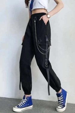 Y2K Grunge Gothic Chain Cargo Pants - Retro 90s Fashion, Summer Y2K Outfits, Dark Y2K Style