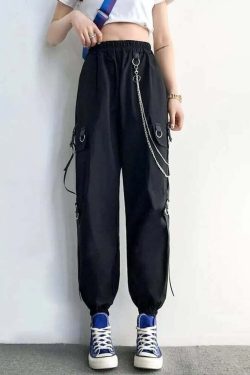 Y2K Grunge Gothic Chain Cargo Pants - Retro 90s Fashion, Summer Y2K Outfits, Dark Y2K Style