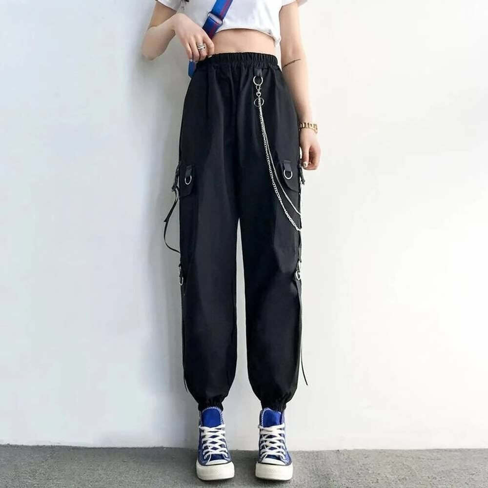 Y2K Grunge Gothic Chain Cargo Pants - Retro 90s Fashion, Summer Y2K Outfits, Dark Y2K Style