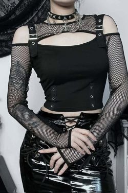 Y2K Grunge Gothic Cut Out Crop Top - Retro 90s Fashion, Summer Y2K Outfits, Dark Y2K Style
