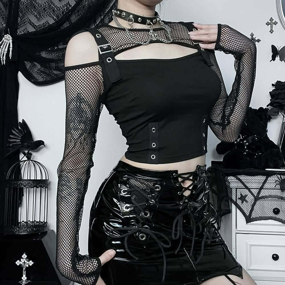Y2K Grunge Gothic Cut Out Crop Top - Retro 90s Fashion, Summer Y2K Outfits, Dark Y2K Style