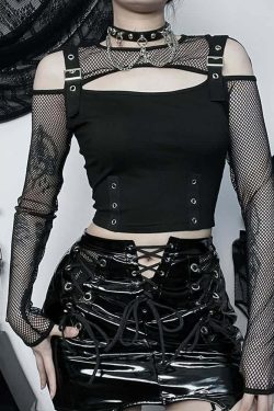 Y2K Grunge Gothic Cut Out Crop Top - Retro 90s Fashion, Summer Y2K Outfits, Dark Y2K Style