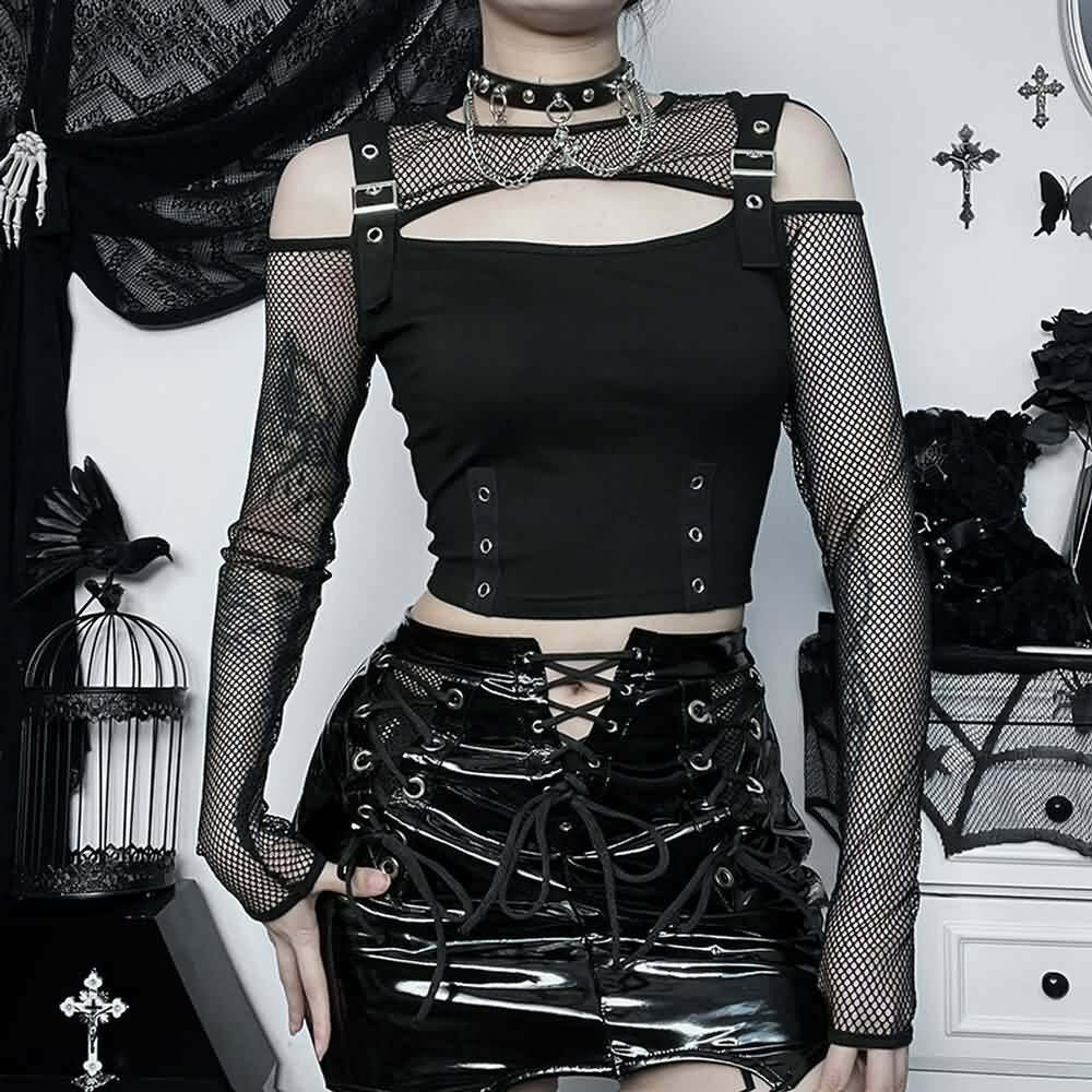 Y2K Grunge Gothic Cut Out Crop Top - Retro 90s Fashion, Summer Y2K Outfits, Dark Y2K Style