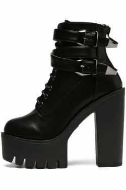 Y2K Grunge Gothic Double Buckle Strap Lace Up Platform Boots - Retro 90s Fashion Statement