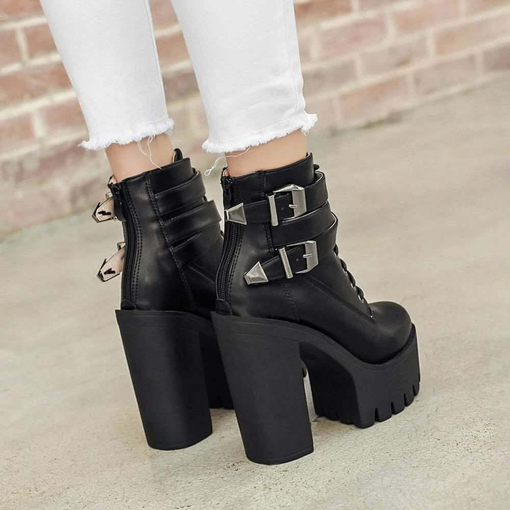 Y2K Grunge Gothic Double Buckle Strap Lace Up Platform Boots - Retro 90s Fashion Statement
