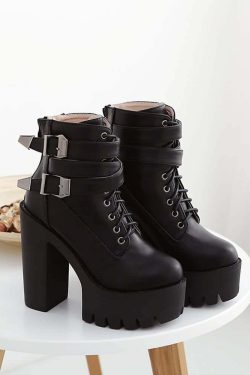 Y2K Grunge Gothic Double Buckle Strap Lace Up Platform Boots - Retro 90s Fashion Statement