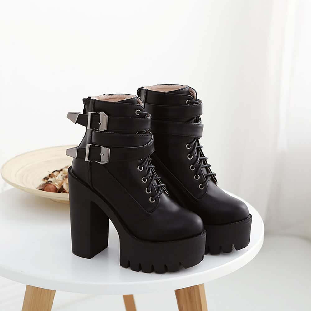 Y2K Grunge Gothic Double Buckle Strap Lace Up Platform Boots - Retro 90s Fashion Statement