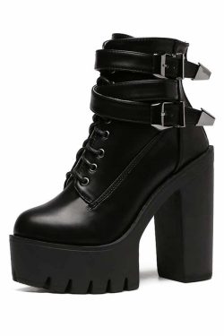 Y2K Grunge Gothic Double Buckle Strap Lace Up Platform Boots - Retro 90s Fashion Statement