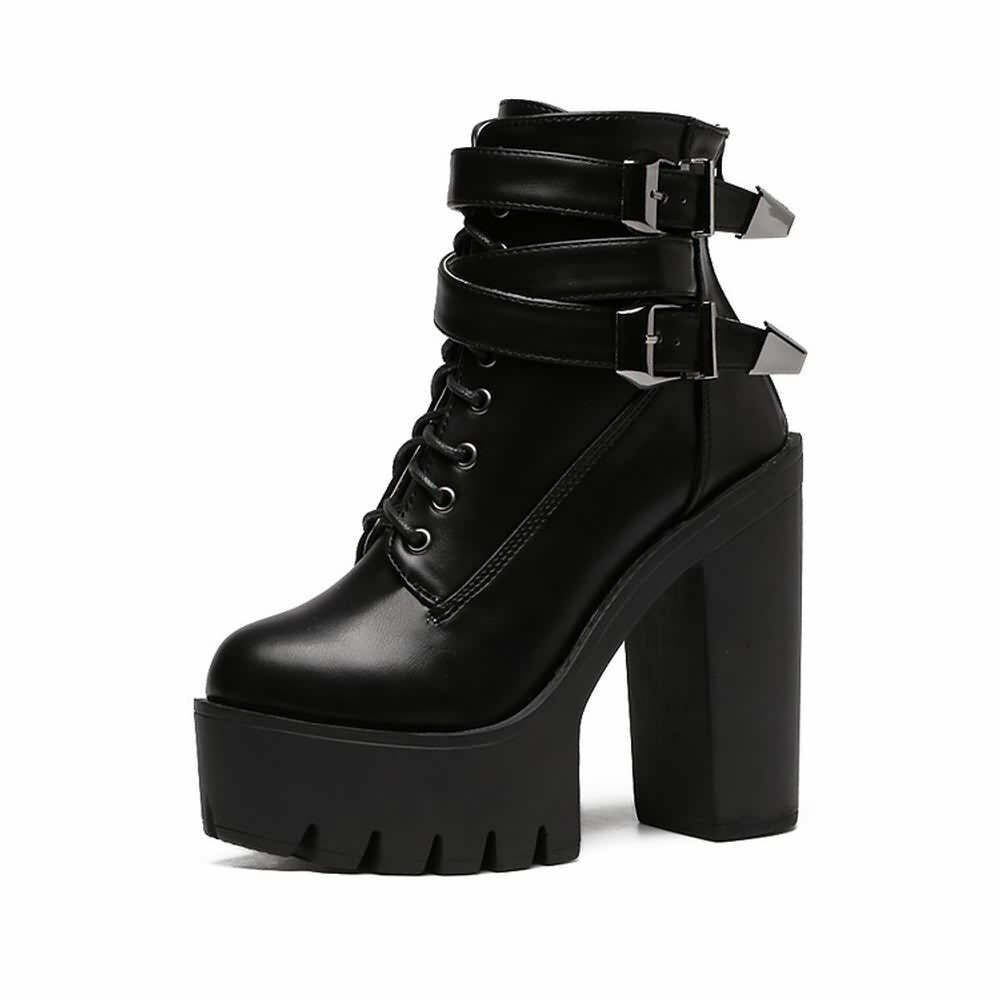 Y2K Grunge Gothic Double Buckle Strap Lace Up Platform Boots - Retro 90s Fashion Statement