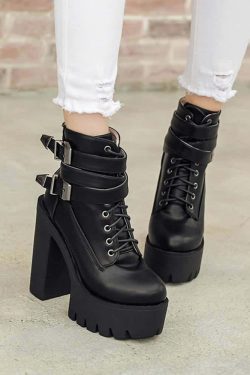 Y2K Grunge Gothic Double Buckle Strap Lace Up Platform Boots - Retro 90s Fashion Statement