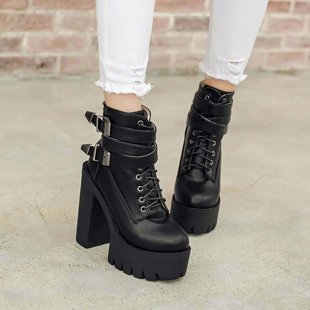 Y2K Grunge Gothic Double Buckle Strap Lace Up Platform Boots - Retro 90s Fashion Statement