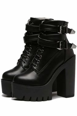 Y2K Grunge Gothic Double Buckle Strap Lace Up Platform Boots - Retro 90s Fashion Statement