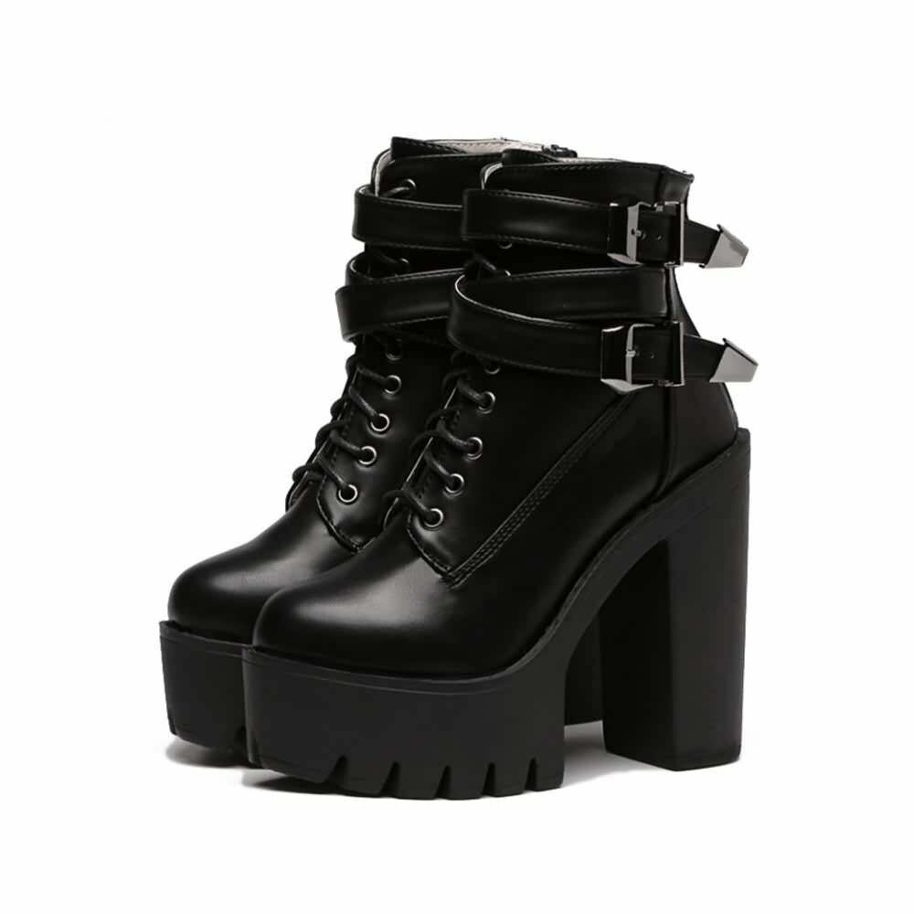 Y2K Grunge Gothic Double Buckle Strap Lace Up Platform Boots - Retro 90s Fashion Statement