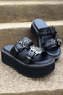 Y2K Grunge Gothic Nocturnal Bat Platform Sandals - Retro 90s Fashion, Y2K Club Outfits