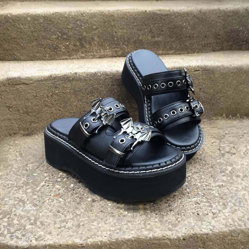Y2K Grunge Gothic Nocturnal Bat Platform Sandals - Retro 90s Fashion, Y2K Club Outfits