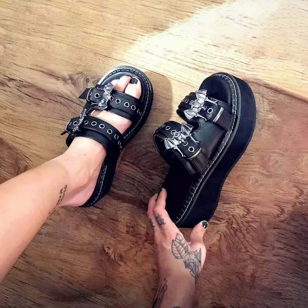 Y2K Grunge Gothic Nocturnal Bat Platform Sandals - Retro 90s Fashion, Y2K Club Outfits