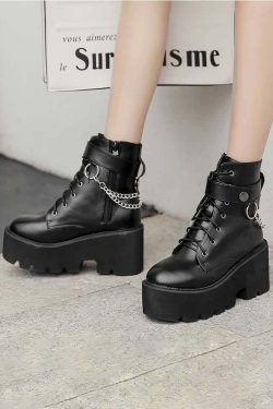 Y2K Grunge Gothic Punk Chain Leather Platform Boots - Retro 90s Fashion, Y2K Club Outfits