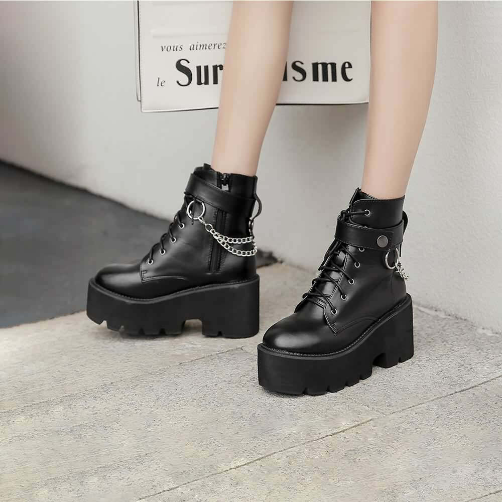 Y2K Grunge Gothic Punk Chain Leather Platform Boots - Retro 90s Fashion, Y2K Club Outfits