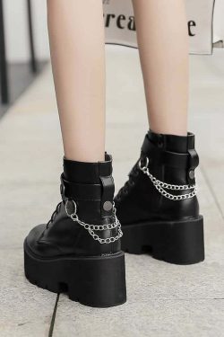 Y2K Grunge Gothic Punk Chain Leather Platform Boots - Retro 90s Fashion, Y2K Club Outfits