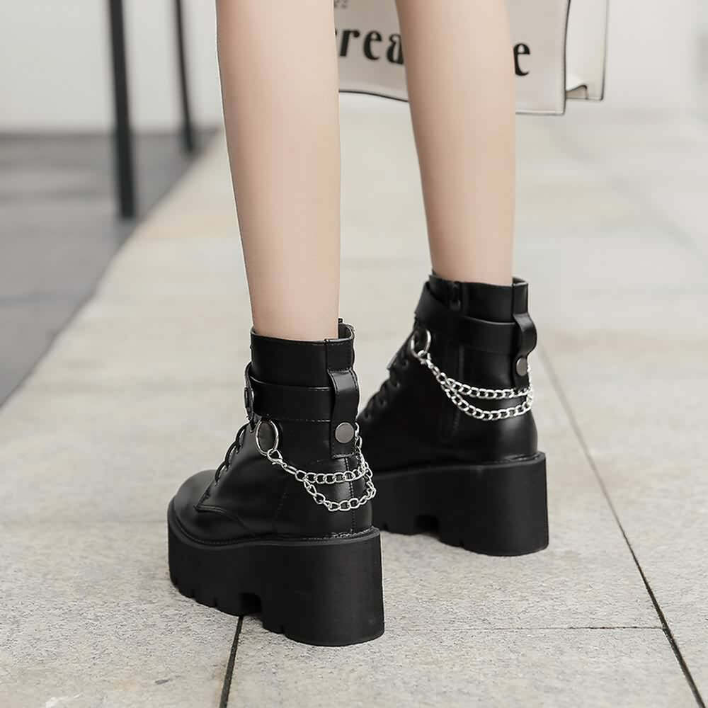 Y2K Grunge Gothic Punk Chain Leather Platform Boots - Retro 90s Fashion, Y2K Club Outfits