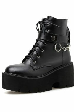 Y2K Grunge Gothic Punk Chain Leather Platform Boots - Retro 90s Fashion, Y2K Club Outfits