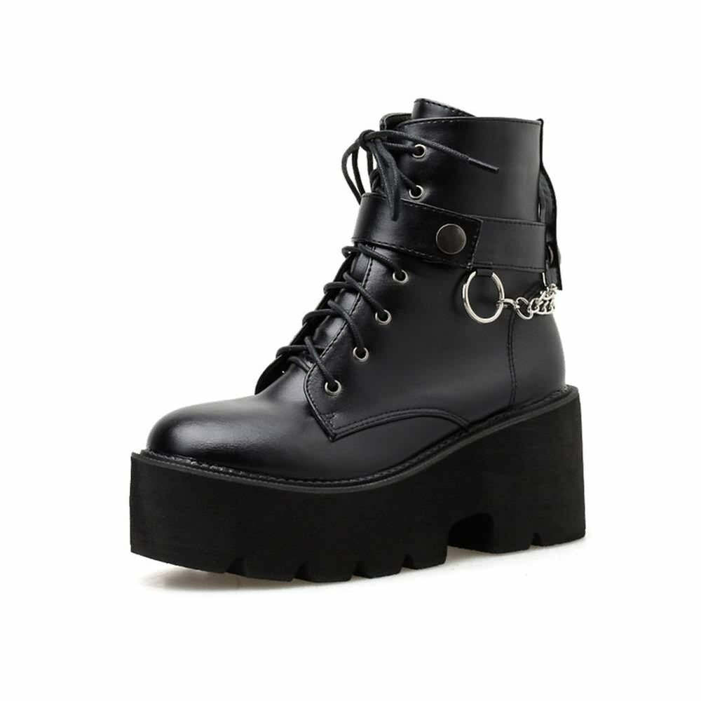 Y2K Grunge Gothic Punk Chain Leather Platform Boots - Retro 90s Fashion, Y2K Club Outfits