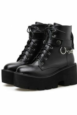 Y2K Grunge Gothic Punk Chain Leather Platform Boots - Retro 90s Fashion, Y2K Club Outfits