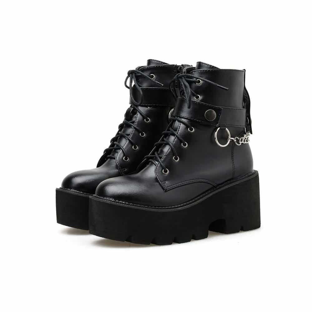 Y2K Grunge Gothic Punk Chain Leather Platform Boots - Retro 90s Fashion, Y2K Club Outfits