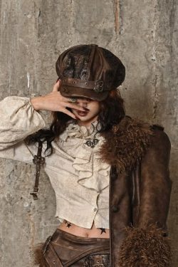 Y2K Grunge Gothic Punk Leather Metal Studded Hat - Retro 90s Fashion, Y2K Club Outfit