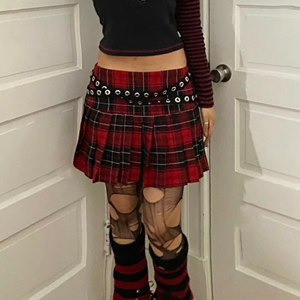 Y2K Grunge Gothic Punk Plaid Pleated Mini Skirt - Retro 90s Fashion, Summer Y2K Outfits