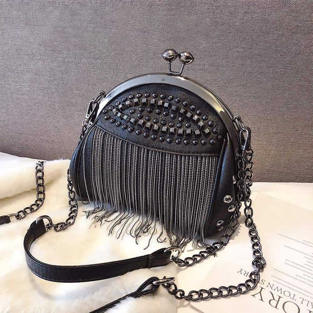 Y2K Grunge Gothic Punk Studded Fringe Shoulder Bag - Retro 90s Fashion, Y2K Club & Party Outfits