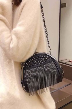 Y2K Grunge Gothic Punk Studded Fringe Shoulder Bag - Retro 90s Fashion, Y2K Club & Party Outfits