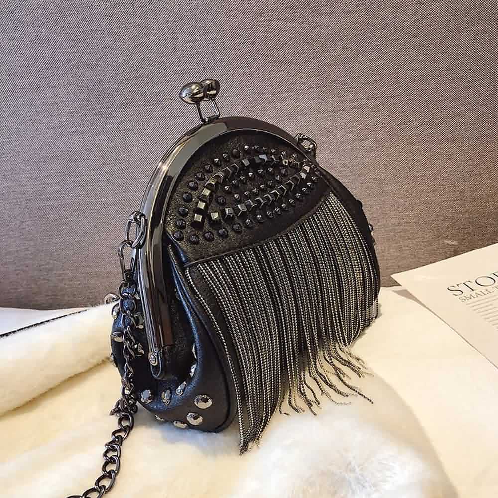 Y2K Grunge Gothic Punk Studded Fringe Shoulder Bag - Retro 90s Fashion, Y2K Club & Party Outfits