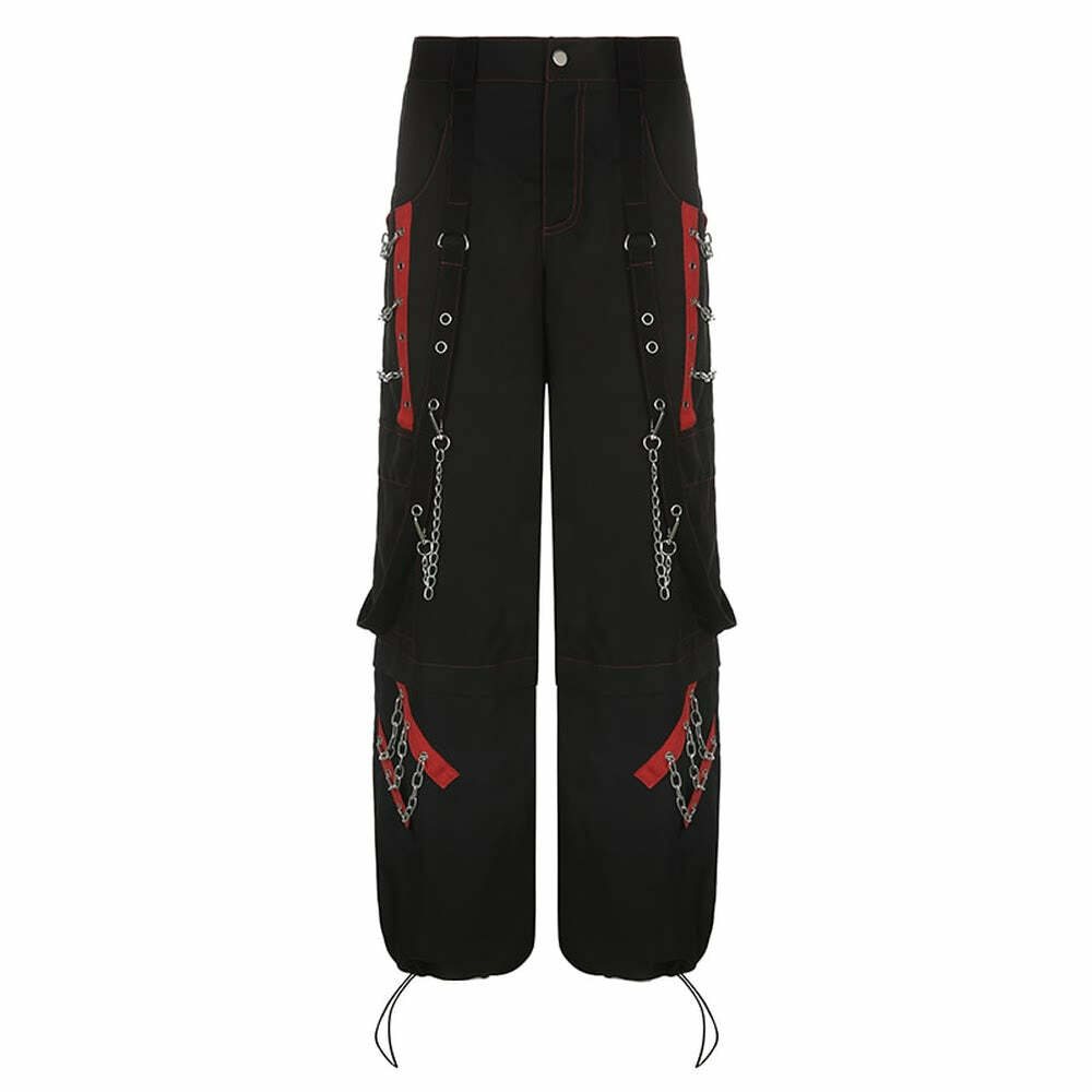 Y2K Grunge Gothic Rebel Chain Cargo Pants - 90s Retro Style, Dark Y2K Fashion