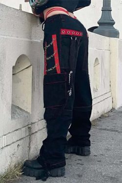Y2K Grunge Gothic Rebel Chain Cargo Pants - 90s Retro Style, Dark Y2K Fashion