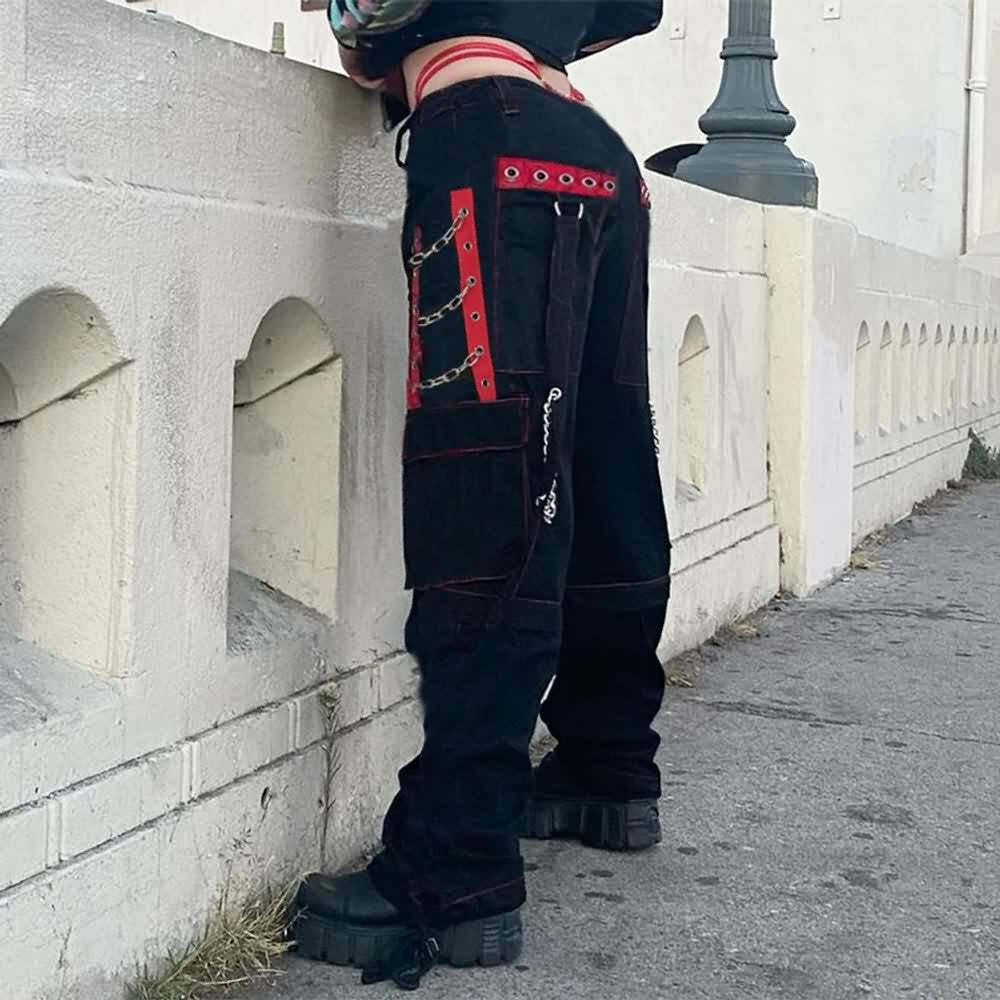 Y2K Grunge Gothic Rebel Chain Cargo Pants - 90s Retro Style, Dark Y2K Fashion
