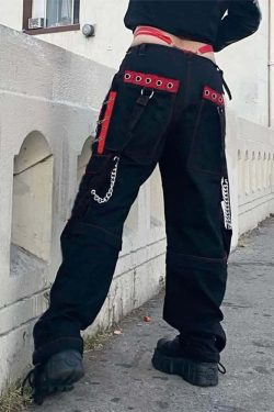 Y2K Grunge Gothic Rebel Chain Cargo Pants - 90s Retro Style, Dark Y2K Fashion