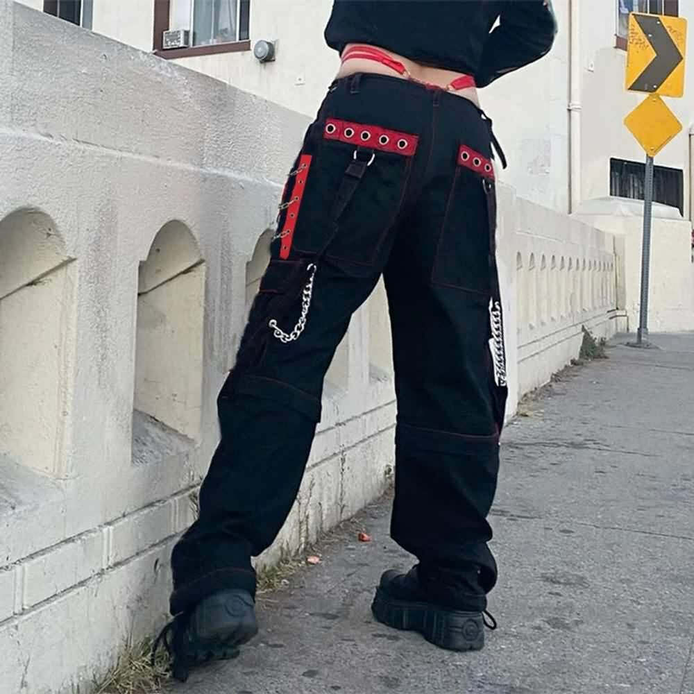 Y2K Grunge Gothic Rebel Chain Cargo Pants - 90s Retro Style, Dark Y2K Fashion