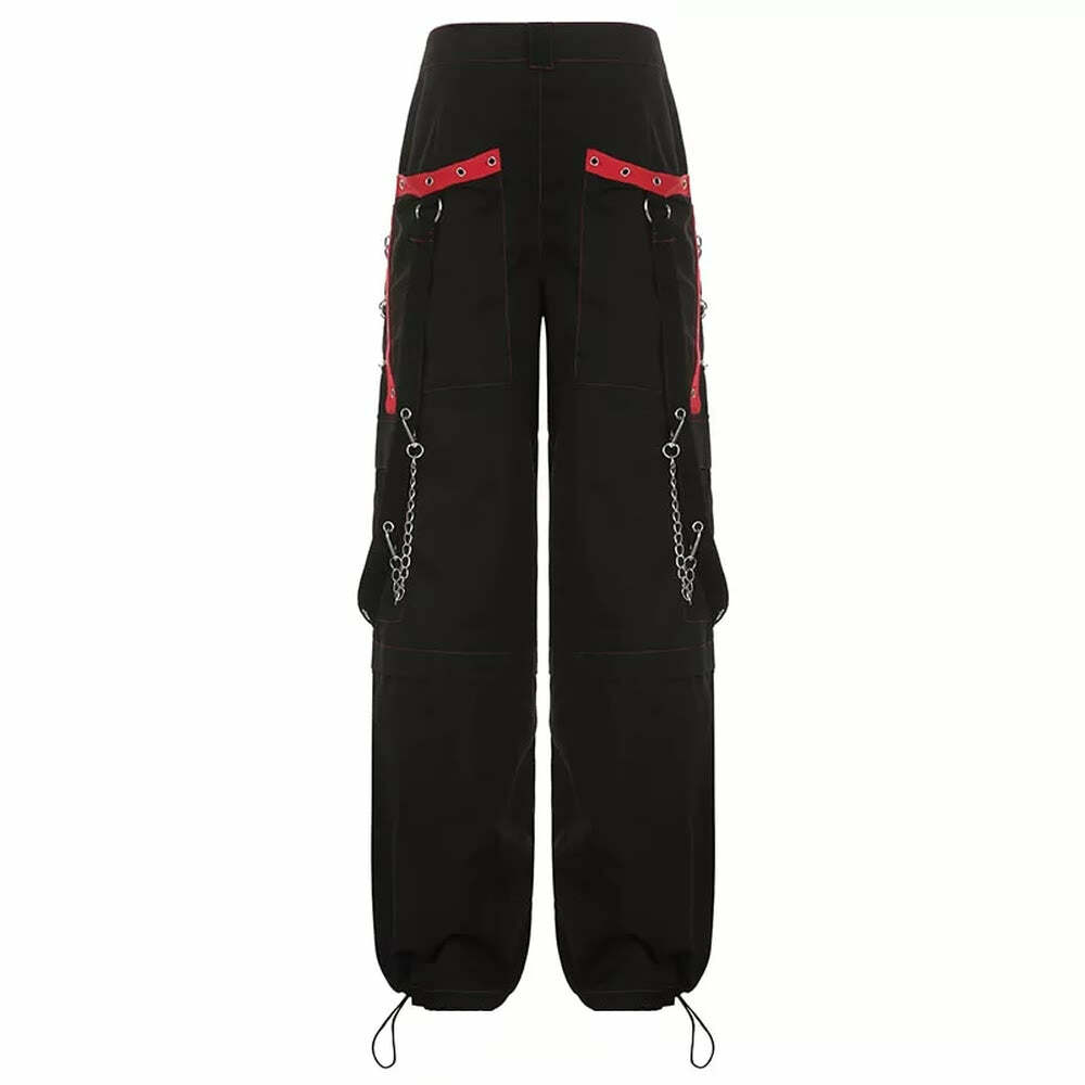 Y2K Grunge Gothic Rebel Chain Cargo Pants - 90s Retro Style, Dark Y2K Fashion