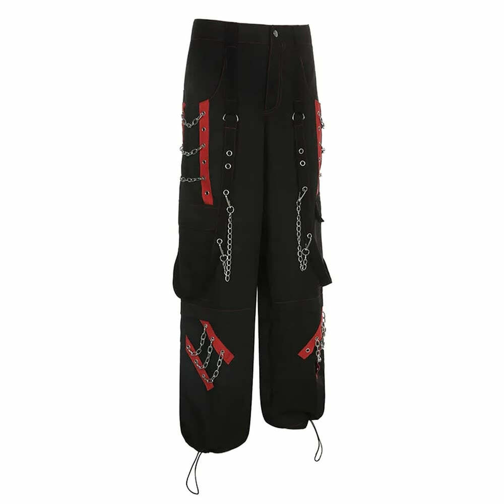 Y2K Grunge Gothic Rebel Chain Cargo Pants - 90s Retro Style, Dark Y2K Fashion
