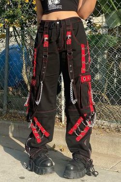 Y2K Grunge Gothic Rebel Chain Cargo Pants - 90s Retro Style, Dark Y2K Fashion