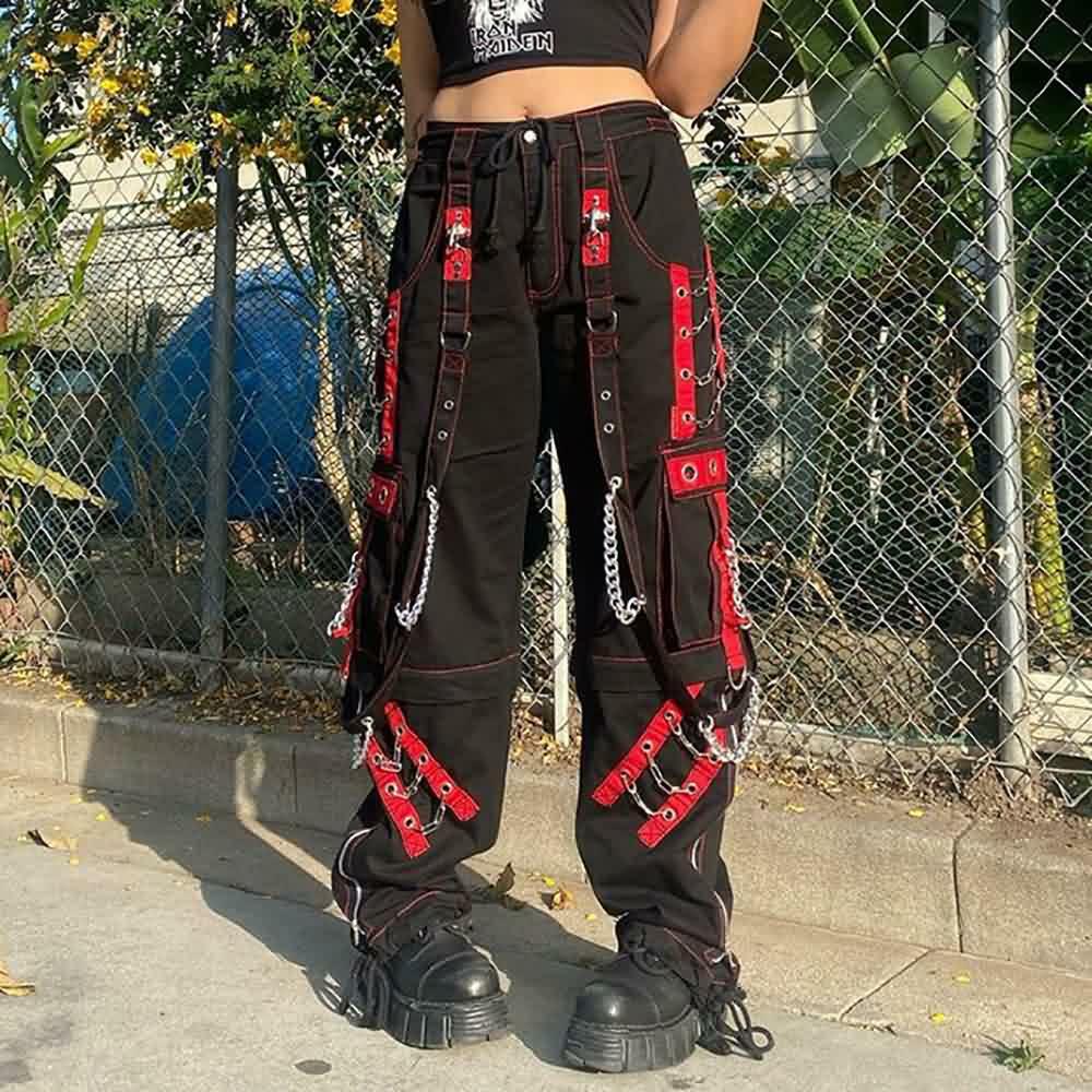 Y2K Grunge Gothic Rebel Chain Cargo Pants - 90s Retro Style, Dark Y2K Fashion