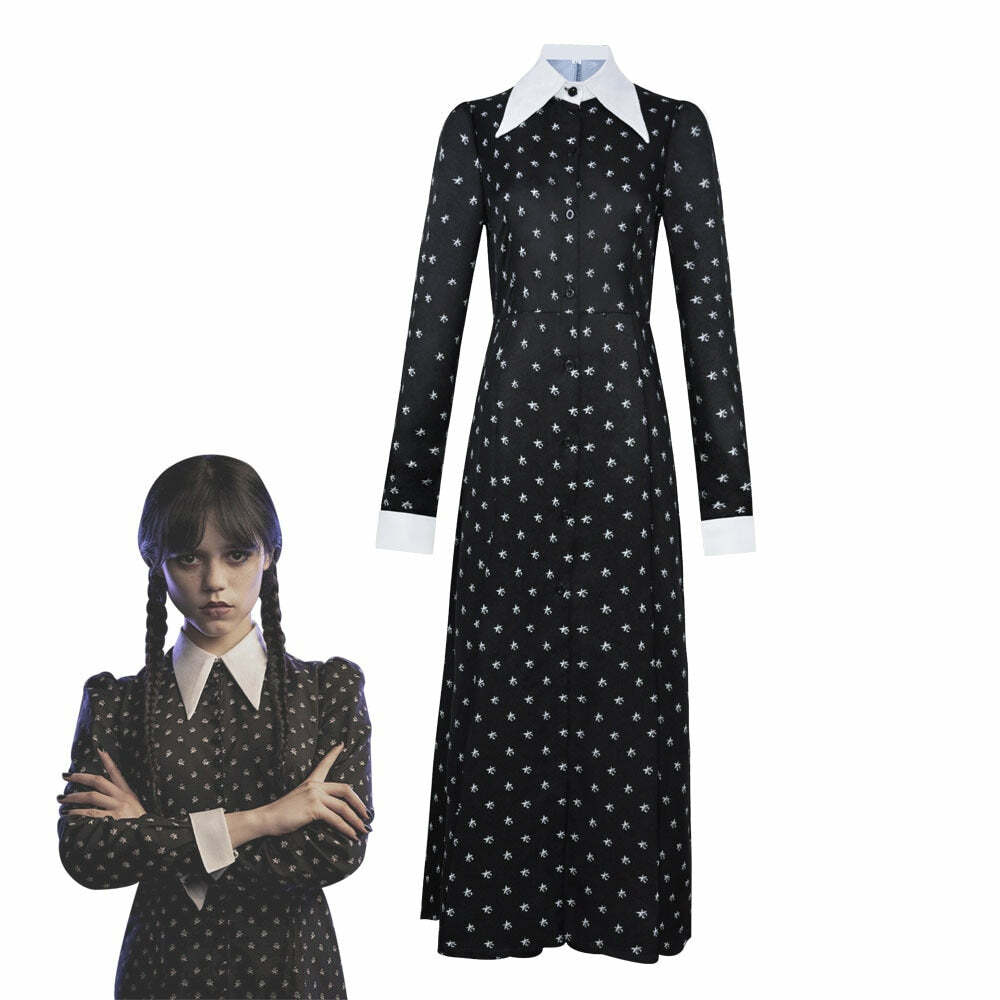 Y2K Grunge Gothic Wednesday Addams Long Dress Cosplay - Retro 90s Summer Party Outfit