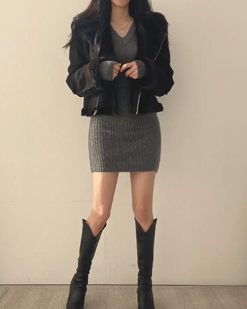 Y2K Grunge Gray Sweater Dress - Retro 90s Fashion, Summer Y2K Outfit, Pastel Goth Style