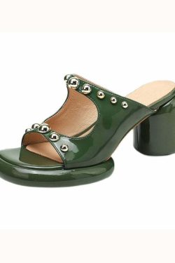 Y2K Grunge Green Faux Leather Rivet Peep Toe Chunky Slide Sandals - Retro 90s Fashion