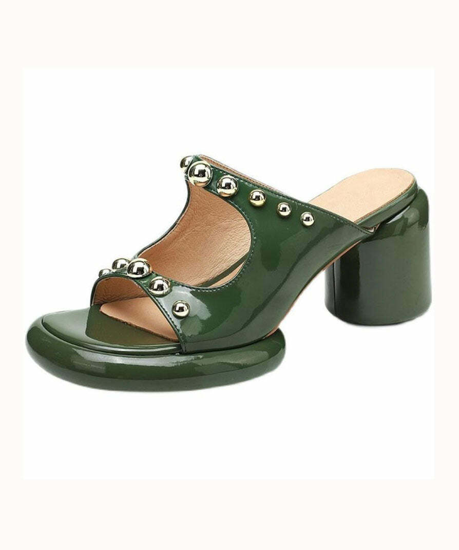 Y2K Grunge Green Faux Leather Rivet Peep Toe Chunky Slide Sandals - Retro 90s Fashion