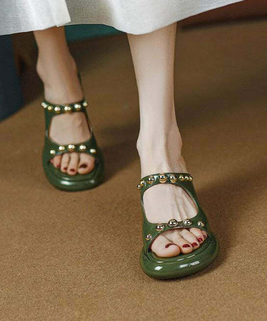 Y2K Grunge Green Faux Leather Rivet Peep Toe Chunky Slide Sandals - Retro 90s Fashion