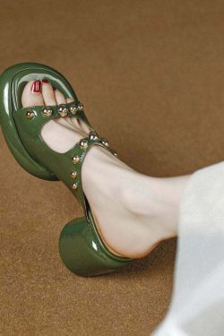 Y2K Grunge Green Faux Leather Rivet Peep Toe Chunky Slide Sandals - Retro 90s Fashion