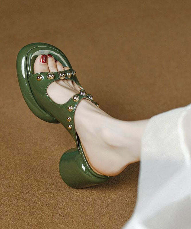 Y2K Grunge Green Faux Leather Rivet Peep Toe Chunky Slide Sandals - Retro 90s Fashion