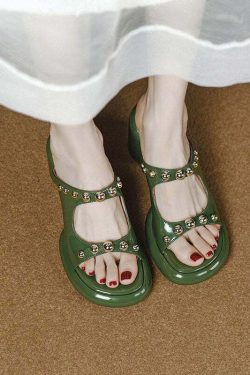 Y2K Grunge Green Faux Leather Rivet Peep Toe Chunky Slide Sandals - Retro 90s Fashion